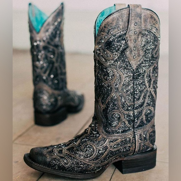 Women’s CORRAL grey sequin glitter inlay square toe cowgirl boots size 9 1/2 - Picture 3 of 15
